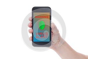 Hands holding smart phone with virus alert on screen. White background
