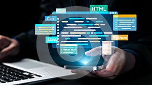Hands Holding Smartphone with Code Elements Representing Programming Languages and Technology on Screen Above Keyboard