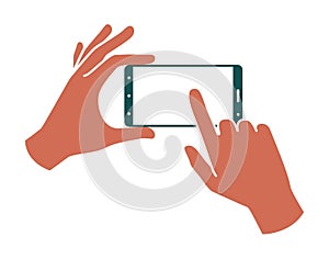 Hands holding a smartphone, finger touching the screen. Colored Illustration on a white background.