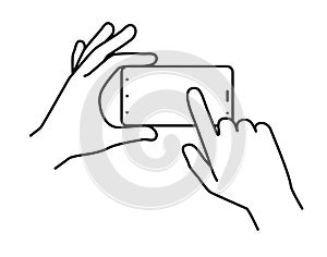 Hands holding a smartphone, finger touching the screen. Illustration on a white background