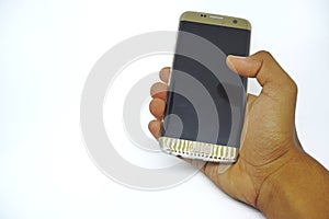 Hands holding smartphone isolated on white background