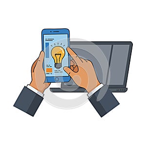 Hands Holding Smartphone with Light Bulb Idea and Laptop Technology Concept Vector Illustration