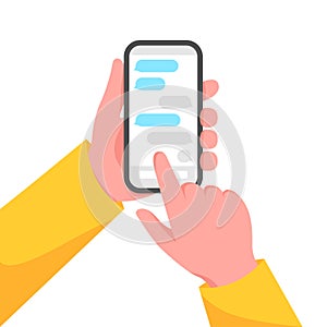 Hands holding smartphone with messenger on screen. Vector illustration.