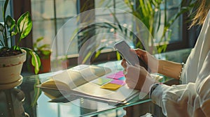 Hands with Smartphone at Desk. AI generated