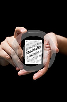 Hands Holding Smartphone, showing the word Professionalism prin photo