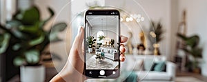 hands holding a Smartphone and take a picture of modern livingroom. Interior designer work with mobile