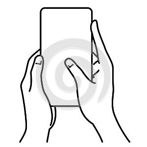 Hands holding smartphone,  touching screen, monochrome illustration