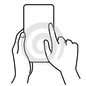 Hands holding smartphone,  touching screen, monochrome illustration