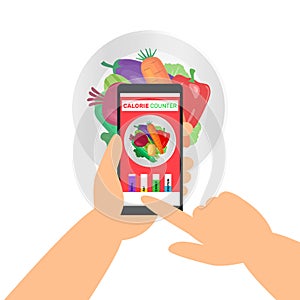Hands holding smartphone  using calorie counter application food control.fresh vegetabples on plate vector