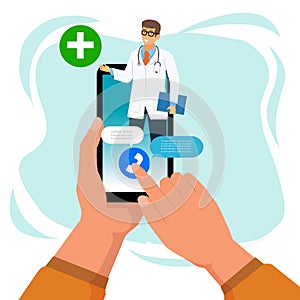 Hands Holding Smartphone with Video Call on Screen. Patient having Online Conversation with Doctor. Modern Health Care Services