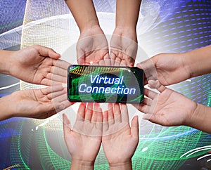Hands holding smartphone with `virtual connection` word on screen for internet connection illustration