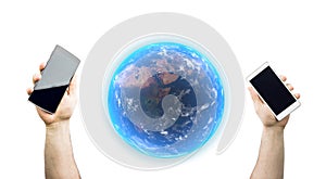 Hands Holding Smartphones With 3D Rendering Of Realistic Earth Planet Globe