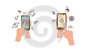 Hands holding smartphones set. People shopping and ordering food using smartphone vector illustration