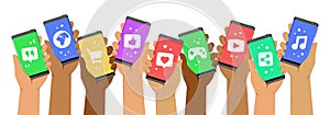 Hands Holding Smartphones up With Icons Representing Social Media Apps on Its Screens
