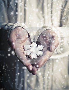 Hands holding a snowflake.