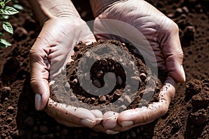 Hands holding soil a pink seedling sprouting