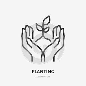 Hands holding soil with plant flat line icon. Vector thin sign of environment protection, ecology concept logo