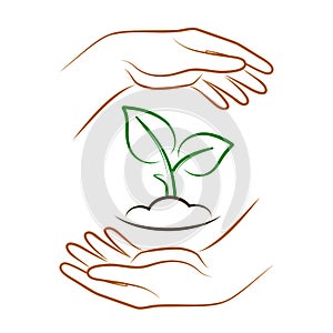 Hands holding soil with plant. Vector sign of environment protection, ecology concept symbol