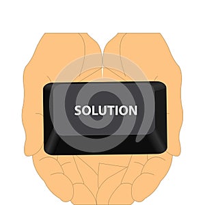 Hands holding the solution button from a keyboard