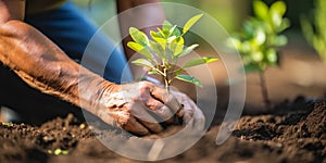 Hands holding sprout, man planting tree, organic farm, forestation, earth day and environment conservation concept background.