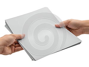 Hands holding a stack of blank paper sheets