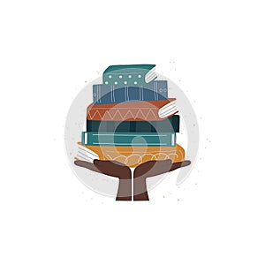 Hands holding stack of books flat vector illustration.