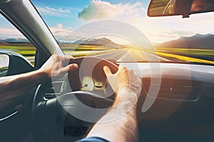 Hands holding on steering wheel while driving