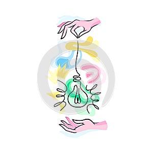 Hands Holding String with Contour Light Bulb Vector Illustration