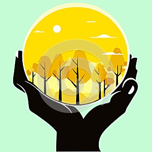 hands holding the sun and the trees in the forest. vector illustration Generative AI