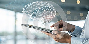 Hands holding tablet with abstract AI brain hologram photo