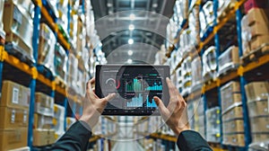 Tablet in Warehouse Inventory Management.AI generated image