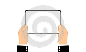 Hands holding tablet computer with blank screen. Flat design concept on isolated background. Eps 10 vector. Business concept