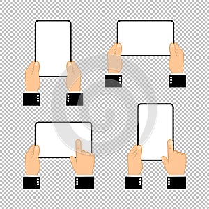 Hands holding tablet computer with blank screen. Flat design concept on isolated background. Eps 10 vector. Business concept