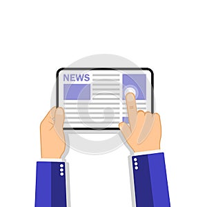 Hands holding tablet computer with news icon on the screen.. Flat design concept on isolated background. Eps 10 vector. Business