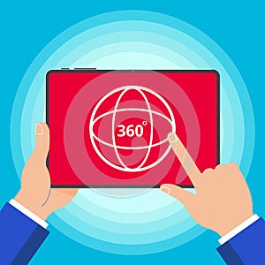 Hands holding tablet device with 360 degrees angle icon sign flat design style vector illustration isolated on background and inde photo