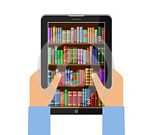 Hands holding tablet with digital books