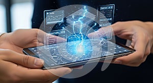 Hands holding tablet displaying augmented reality navigation and data visualization app