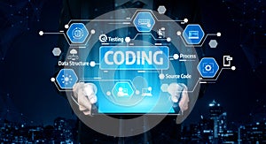 Hands Holding Tablet Displaying Coding Process Icons, Software Development, Data Structure, Source Code, and Testing