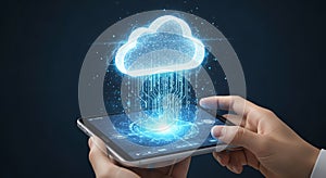 Hands holding tablet with glowing cloud computing data transfer, digital network connection concept