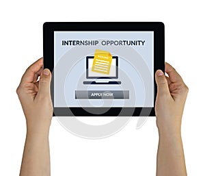 Hands holding tablet with internship concept on screen