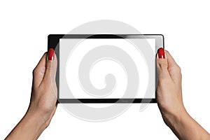 Hands holding tablet isolated on white background