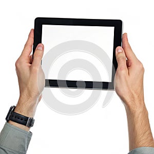 Hands holding tablet isolated on white background