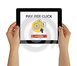 Hands holding tablet with Pay Per Click concept on screen