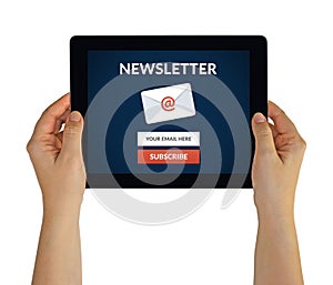 Hands holding tablet with subscribe newsletter concept on screen