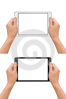 Hands holding tablet in take photo gesture