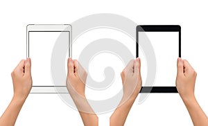 Hands holding tablet in take photo gesture