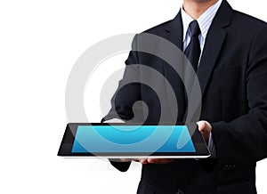 Hands holding a tablet touch computer gadget