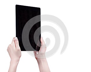 Hands holding a tablet touch computer gadget with isolated scree