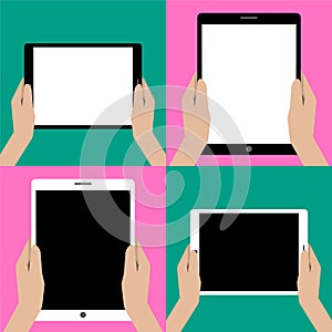 Hands holding a tablet touch computer gadget with isolated screen , flat design concept.