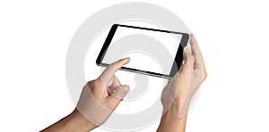 Hands holding  tablet touch computer gadget with  screen